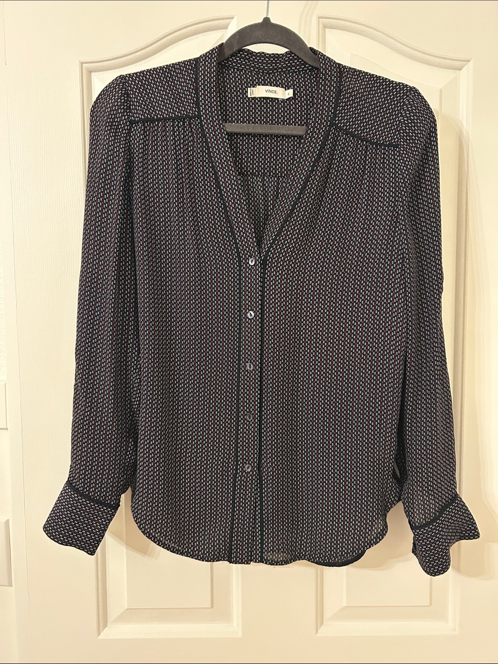 Vince Black Printed Button-Down Blouse with White & Red Dot Pattern XS